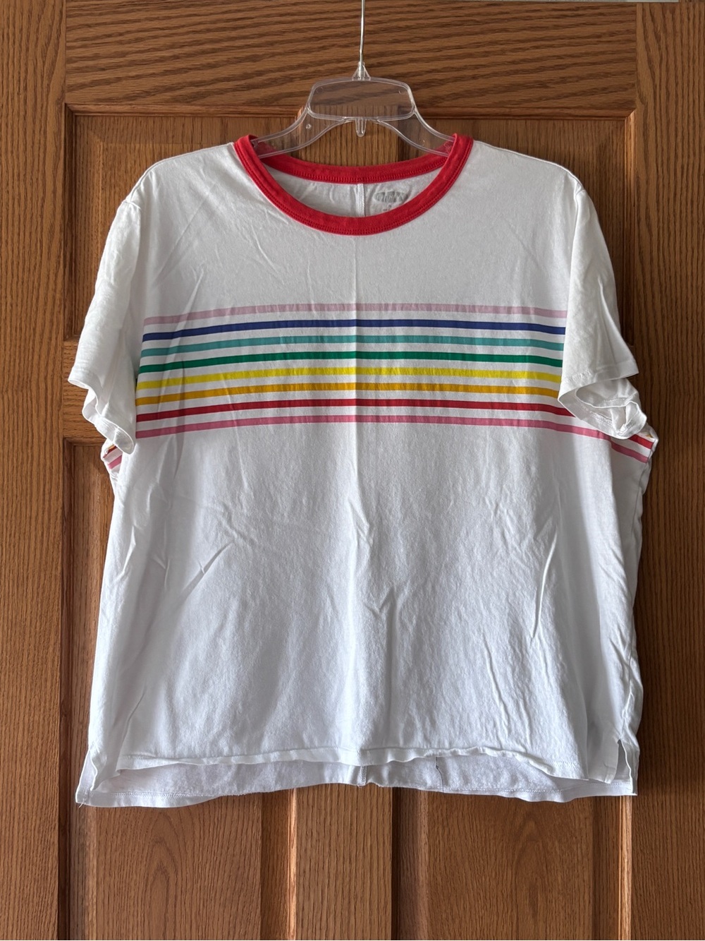 Old Navy White Tee Multicolor Horizontal Stripes and Red Ringer Neck women’s XL